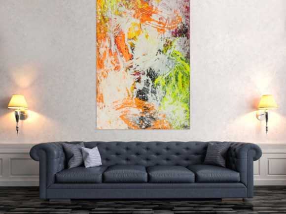 Original Gemälde abstrakt 150x100cm Action Painting Modern Art handgefertigt NEON grün gelb orange weiß hochwertig