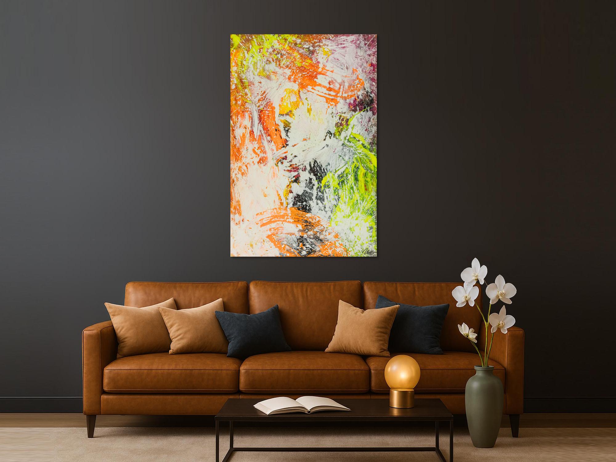 Original Gemälde abstrakt 150x100cm Action Painting Modern Art handgefertigt NEON grün gelb orange weiß hochwertig