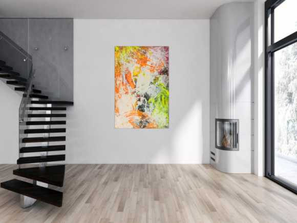 Original Gemälde abstrakt 150x100cm Action Painting Modern Art handgefertigt NEON grün gelb orange weiß hochwertig