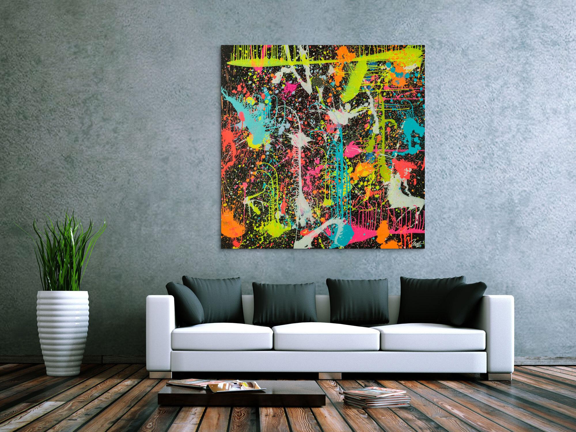 Gemälde Original abstrakt 130x130cm Action Painting zeitgenössisch handgefertigt Splash Art schwarz braun anthrazit hochwertig