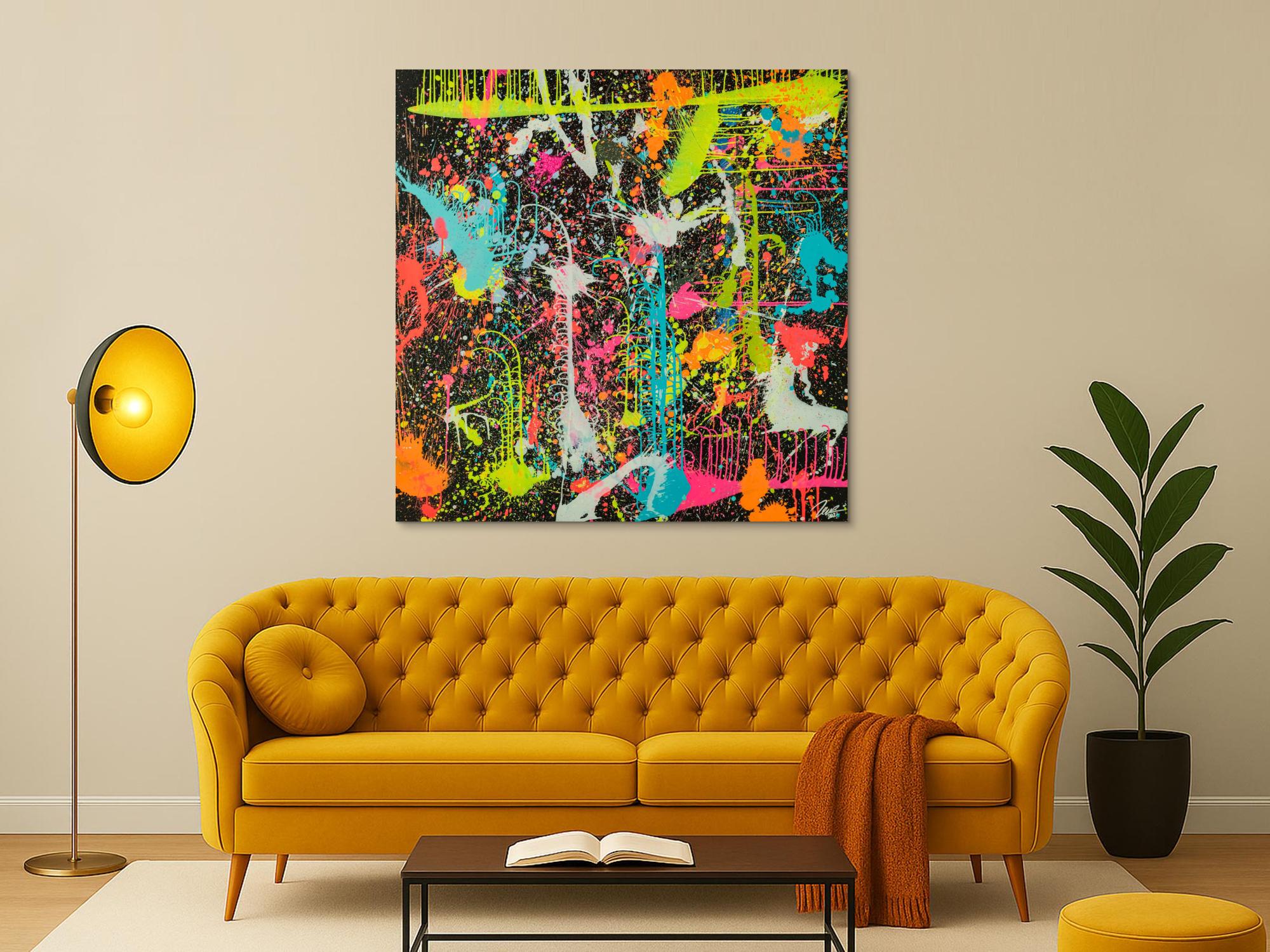 Gemälde Original abstrakt 130x130cm Action Painting zeitgenössisch handgefertigt Splash Art schwarz braun anthrazit hochwertig