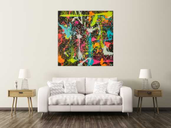 Gemälde Original abstrakt 130x130cm Action Painting zeitgenössisch handgefertigt Splash Art schwarz braun anthrazit hochwertig