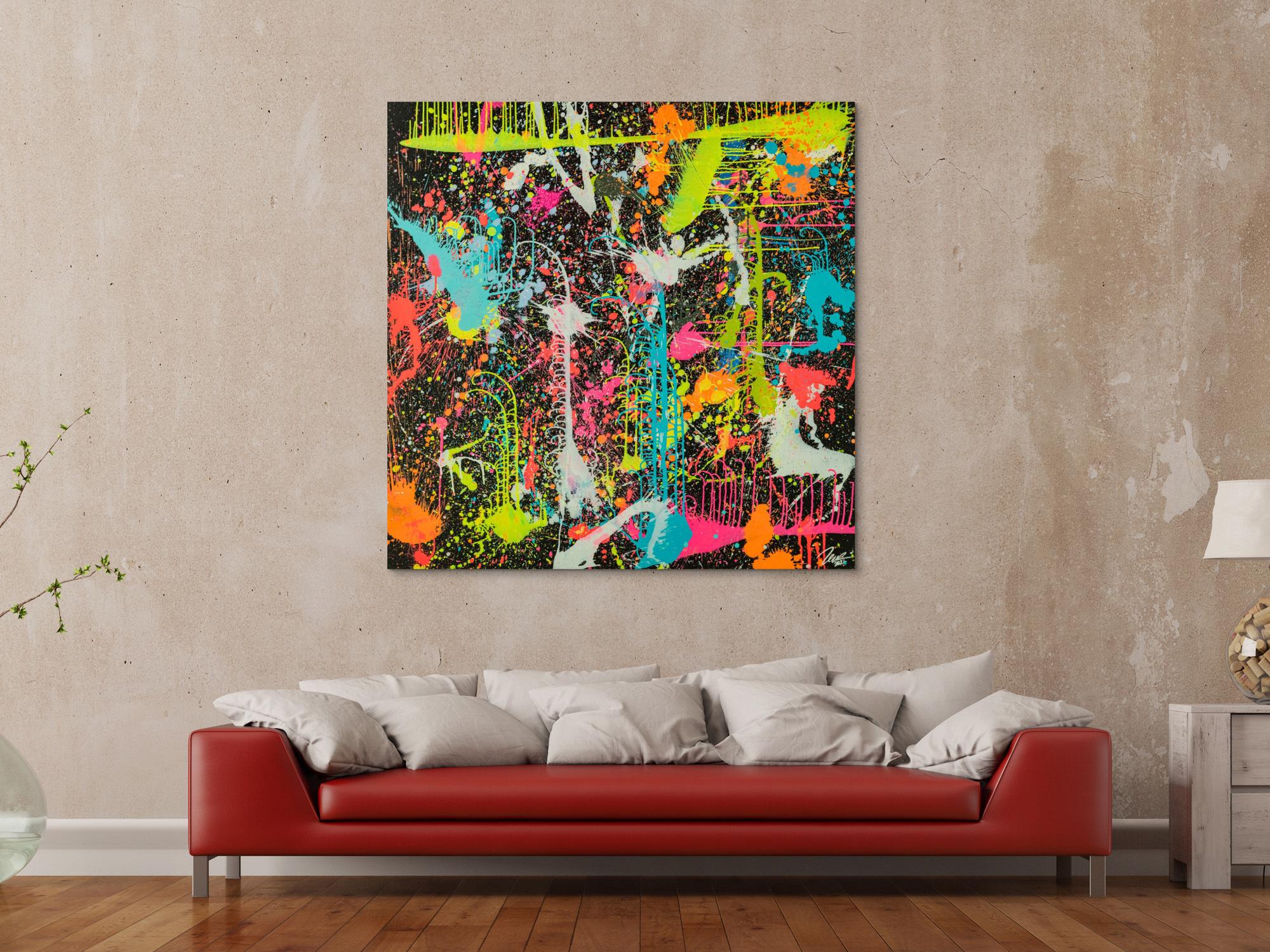 Gemälde Original abstrakt 130x130cm Action Painting zeitgenössisch handgefertigt Splash Art schwarz braun anthrazit hochwertig