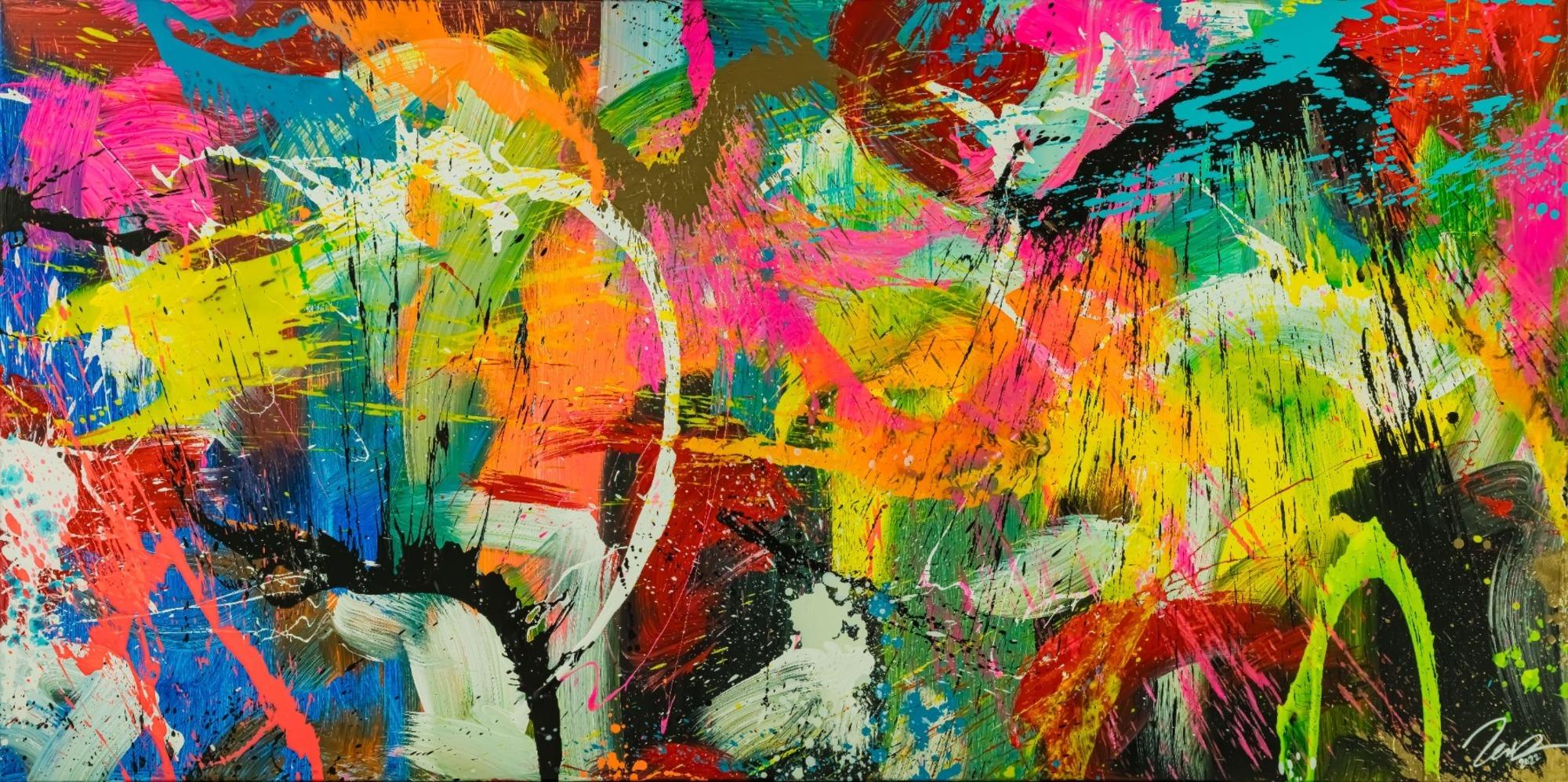 Original Gemälde abstrakt 100x200cm Action Painting Moderne Kunst auf Leinwand Splash Art sehr bunt NEON Unikat