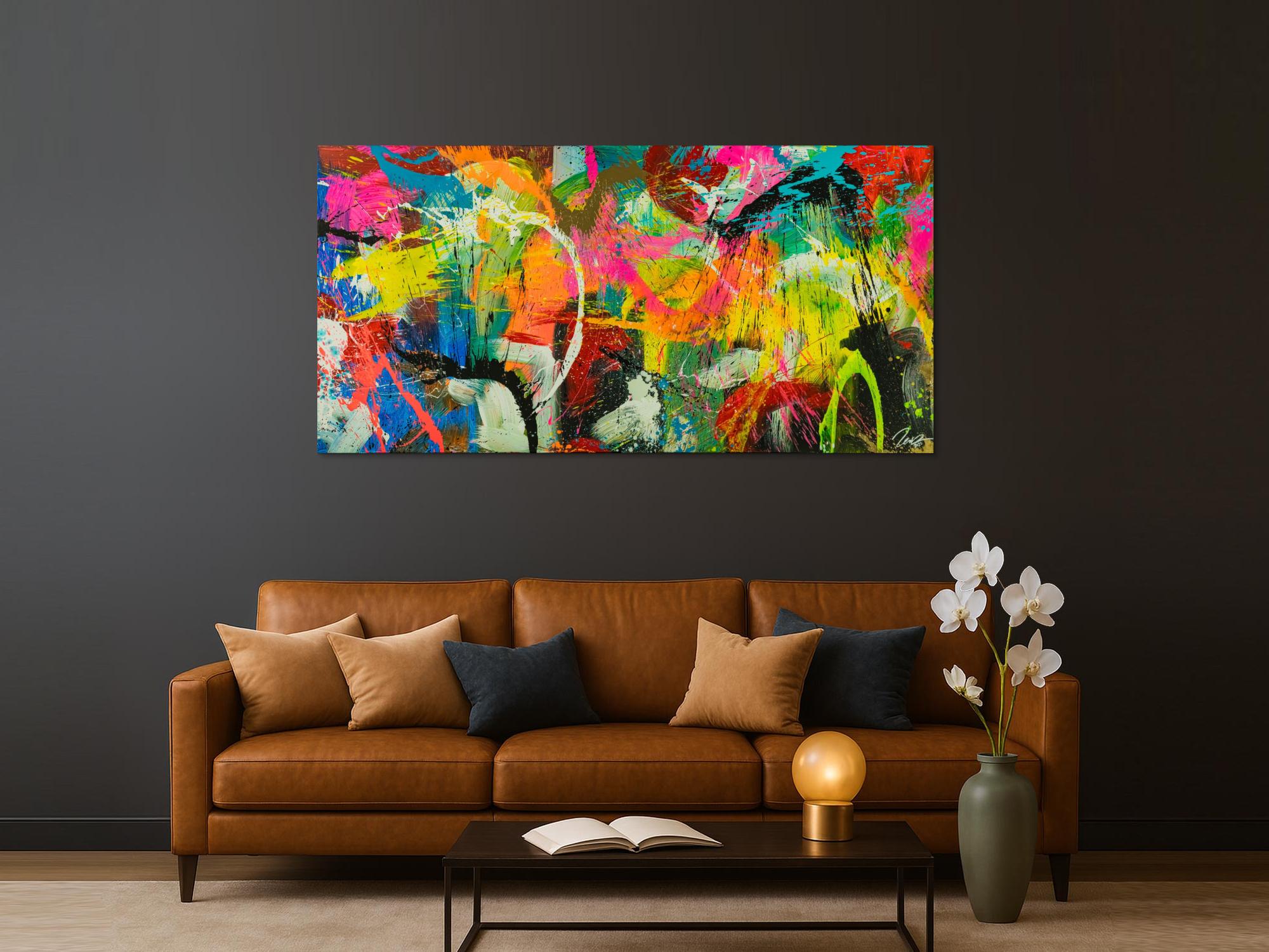 Original Gemälde abstrakt 100x200cm Action Painting Moderne Kunst auf Leinwand Splash Art sehr bunt NEON Unikat