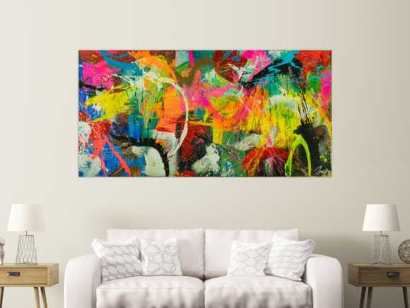 Original Gemälde abstrakt 100x200cm Action Painting Moderne Kunst auf Leinwand Splash Art sehr bunt NEON Unikat