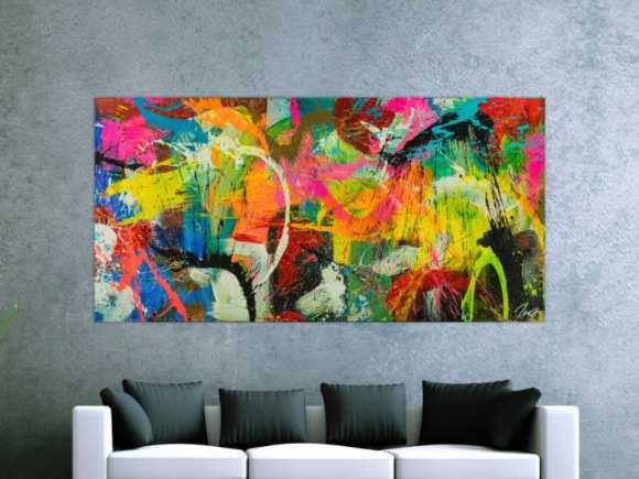 Original Gemälde abstrakt 100x200cm Action Painting Moderne Kunst auf Leinwand Splash Art sehr bunt NEON Unikat