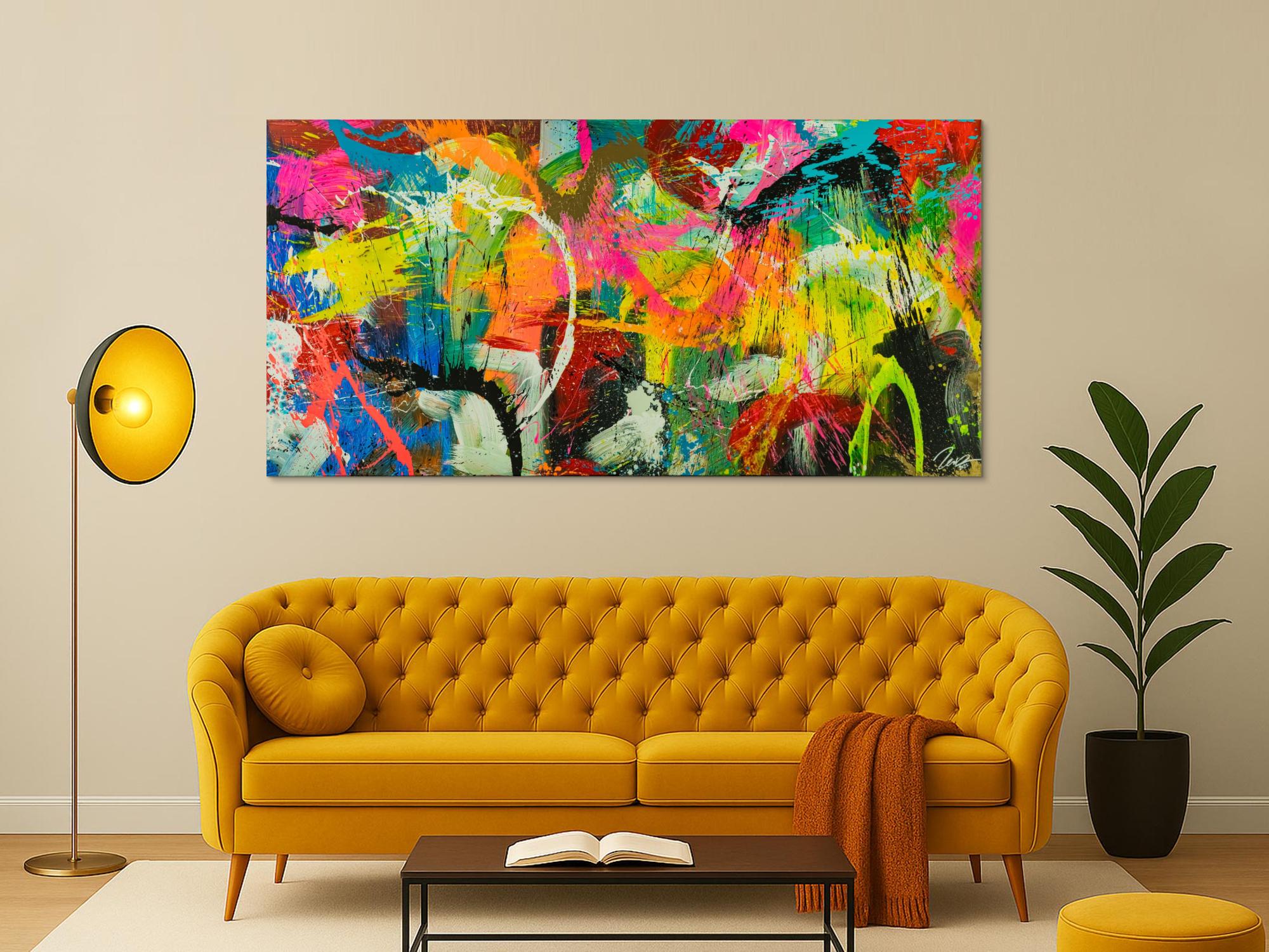 Original Gemälde abstrakt 100x200cm Action Painting Moderne Kunst auf Leinwand Splash Art sehr bunt NEON Unikat