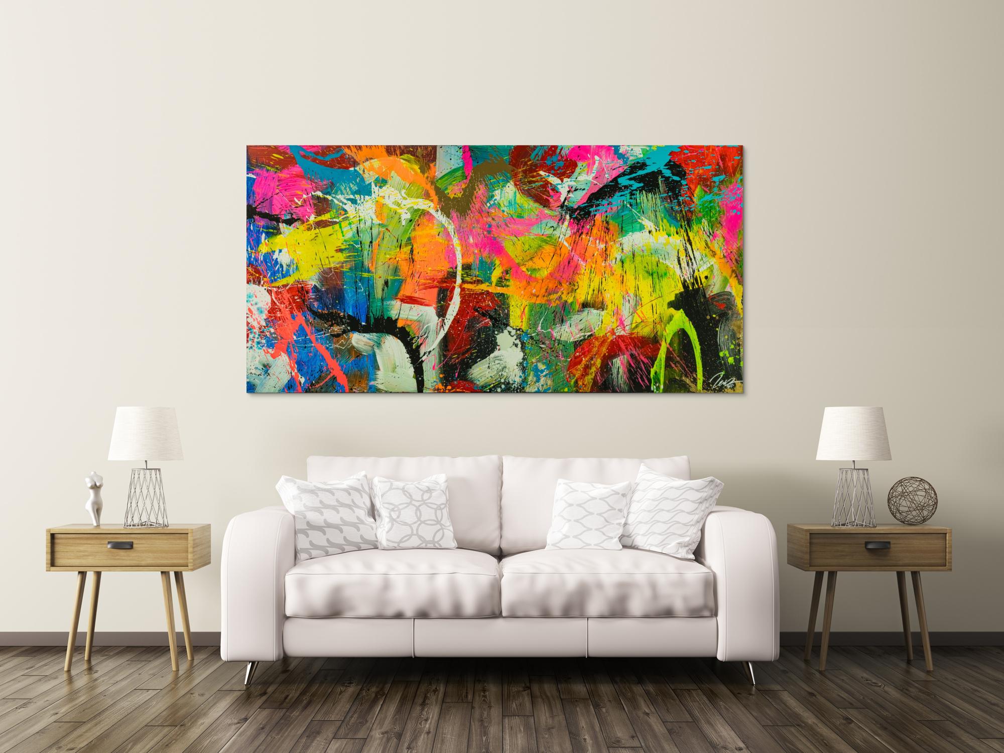 Original Gemälde abstrakt 100x200cm Action Painting Moderne Kunst auf Leinwand Splash Art sehr bunt NEON Unikat
