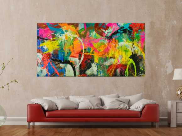 Original Gemälde abstrakt 100x200cm Action Painting Moderne Kunst auf Leinwand Splash Art sehr bunt NEON Unikat