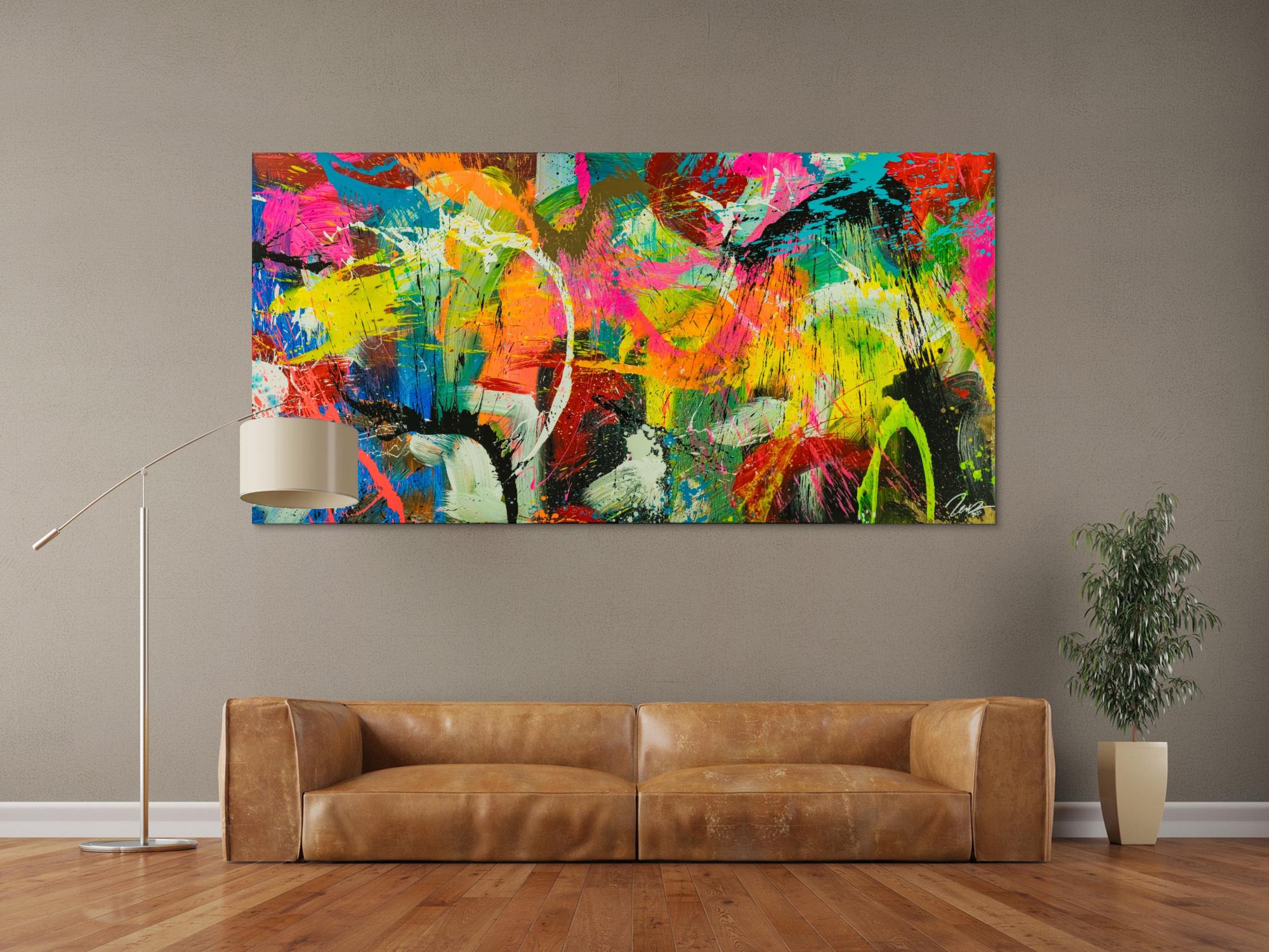 Original Gemälde abstrakt 100x200cm Action Painting Moderne Kunst auf Leinwand Splash Art sehr bunt NEON Unikat
