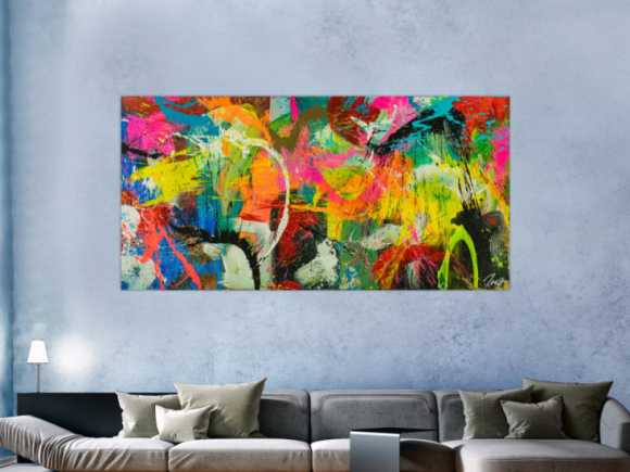 Original Gemälde abstrakt 100x200cm Action Painting Moderne Kunst auf Leinwand Splash Art sehr bunt NEON Unikat