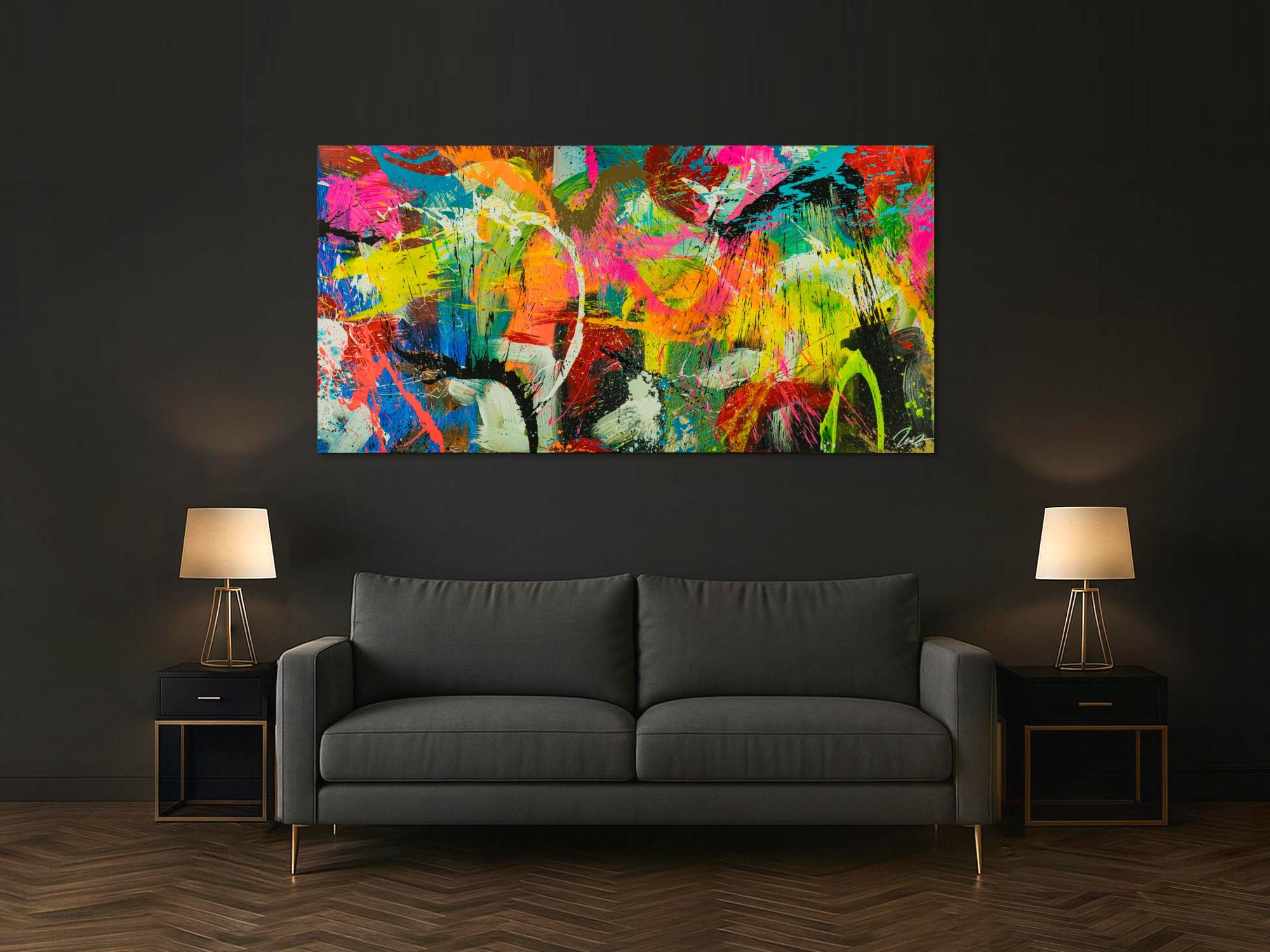 Original Gemälde abstrakt 100x200cm Action Painting Moderne Kunst auf Leinwand Splash Art sehr bunt NEON Unikat