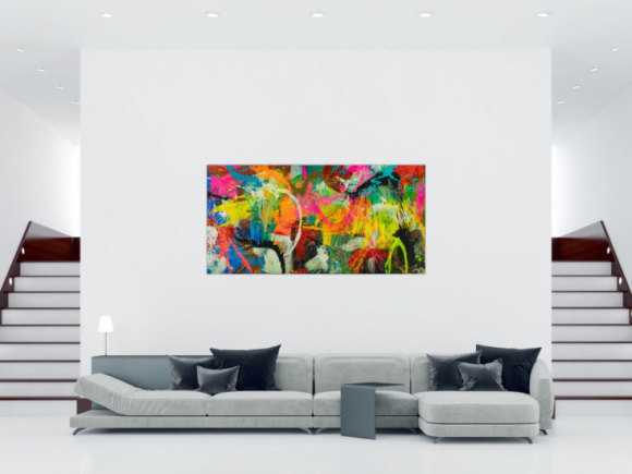 Original Gemälde abstrakt 100x200cm Action Painting Moderne Kunst auf Leinwand Splash Art sehr bunt NEON Unikat