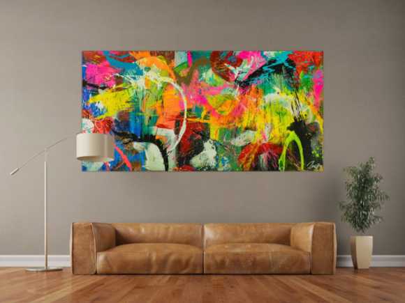 Original Gemälde abstrakt 100x200cm Action Painting Moderne Kunst auf Leinwand Splash Art sehr bunt NEON Unikat