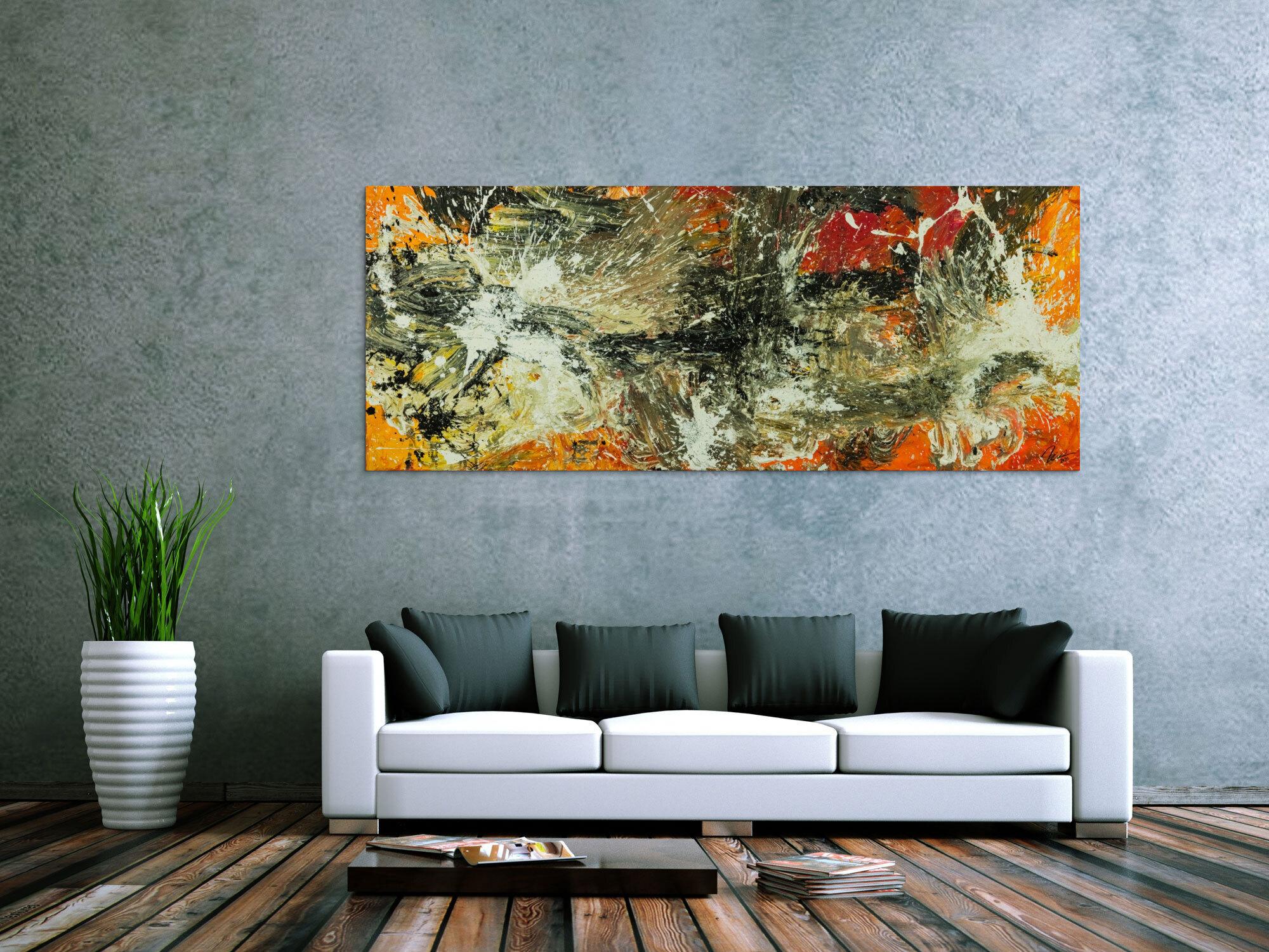 Original Gemälde abstrakt 80x200cm Action Painting Modern Art auf Leinwand Mischtechnik beige braun schwarz Unikat