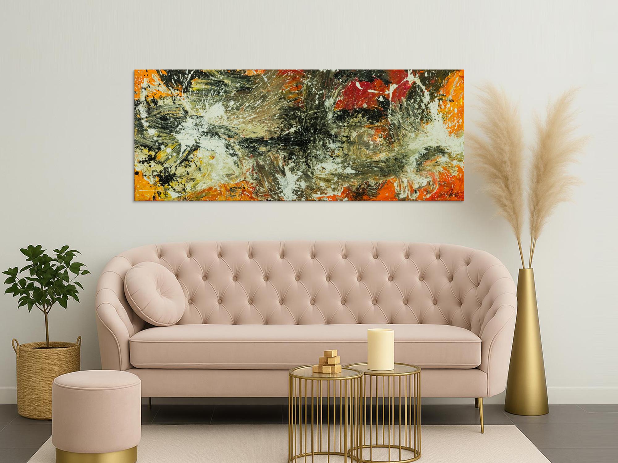 Original Gemälde abstrakt 80x200cm Action Painting Modern Art auf Leinwand Mischtechnik beige braun schwarz Unikat