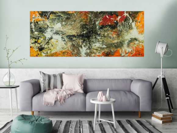 Original Gemälde abstrakt 80x200cm Action Painting Modern Art auf Leinwand Mischtechnik beige braun schwarz Unikat