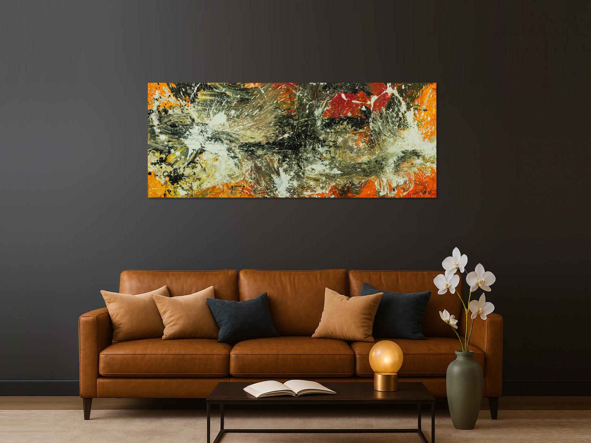 Original Gemälde abstrakt 80x200cm Action Painting Modern Art auf Leinwand Mischtechnik beige braun schwarz Unikat