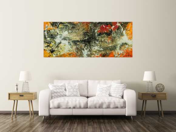 Original Gemälde abstrakt 80x200cm Action Painting Modern Art auf Leinwand Mischtechnik beige braun schwarz Unikat