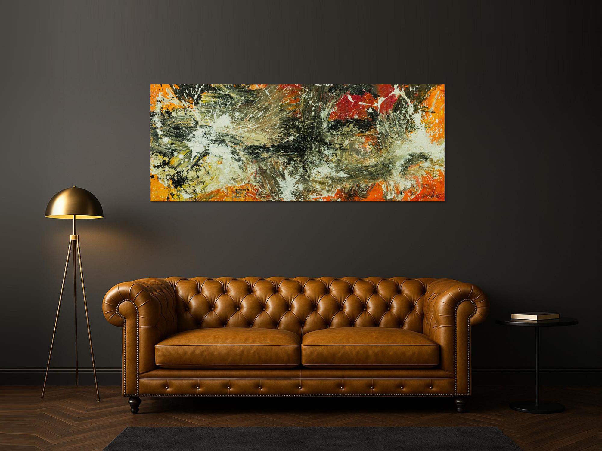 Original Gemälde abstrakt 80x200cm Action Painting Modern Art auf Leinwand Mischtechnik beige braun schwarz Unikat