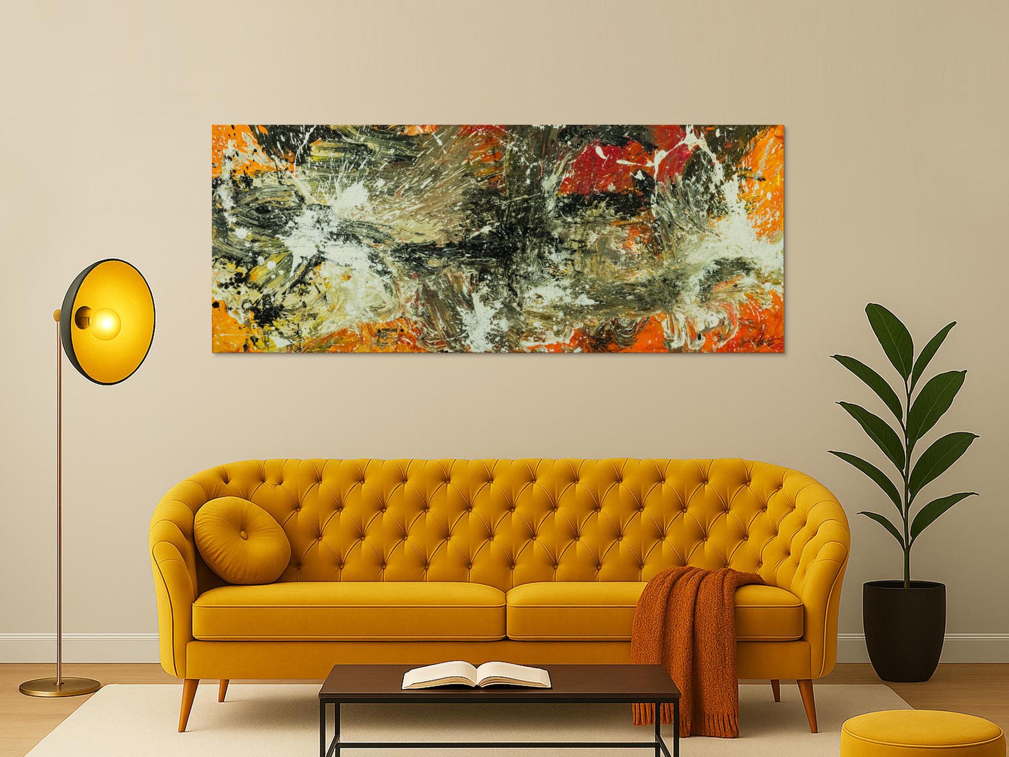 Original Gemälde abstrakt 80x200cm Action Painting Modern Art auf Leinwand Mischtechnik beige braun schwarz Unikat