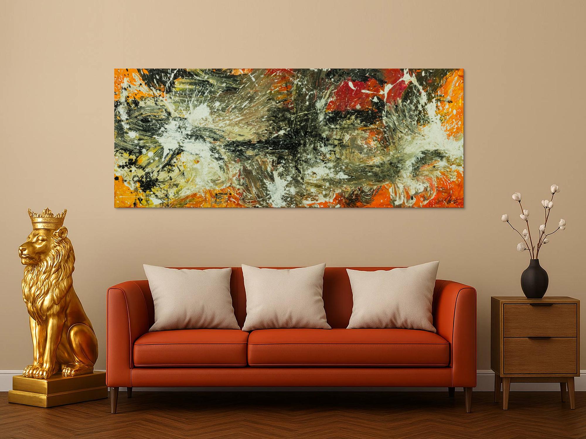 Original Gemälde abstrakt 80x200cm Action Painting Modern Art auf Leinwand Mischtechnik beige braun schwarz Unikat