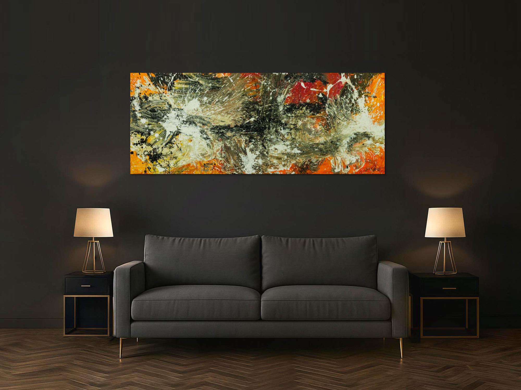 Original Gemälde abstrakt 80x200cm Action Painting Modern Art auf Leinwand Mischtechnik beige braun schwarz Unikat