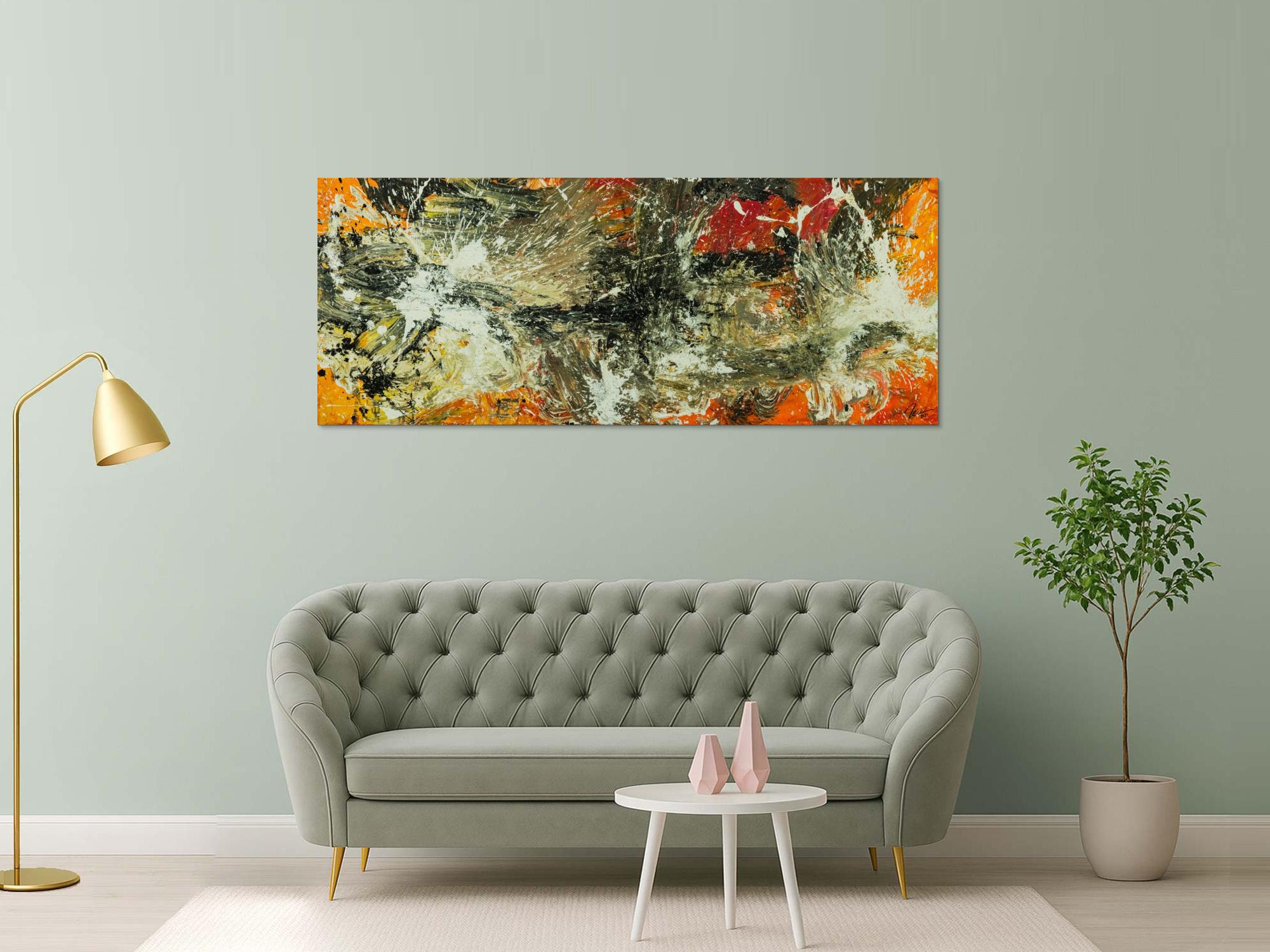 Original Gemälde abstrakt 80x200cm Action Painting Modern Art auf Leinwand Mischtechnik beige braun schwarz Unikat