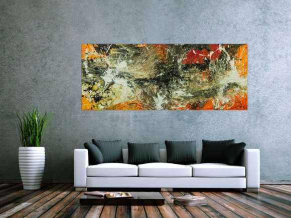 Original Gemälde abstrakt 80x200cm Action Painting Modern Art auf Leinwand Mischtechnik beige braun schwarz Unikat