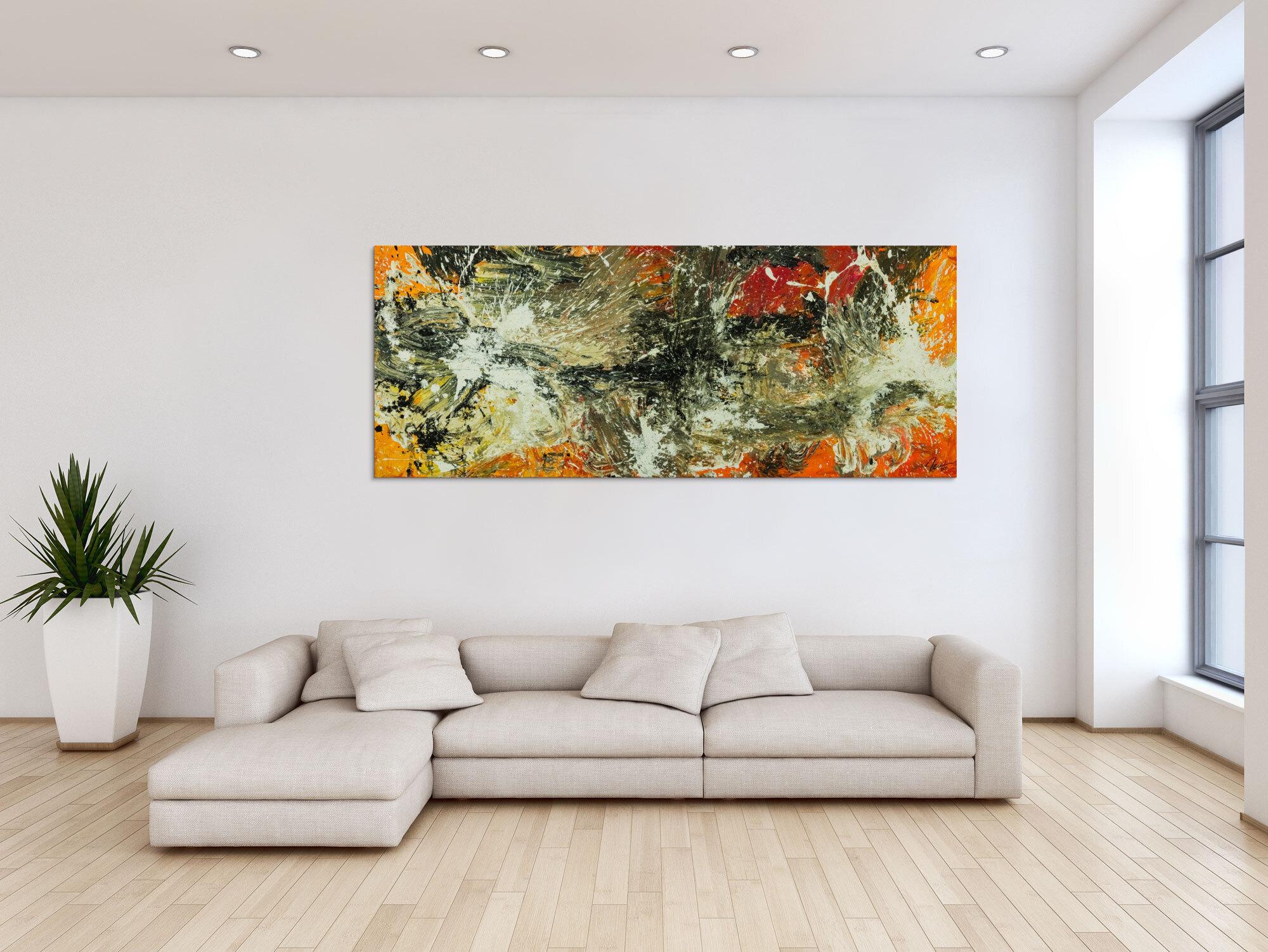 Original Gemälde abstrakt 80x200cm Action Painting Modern Art auf Leinwand Mischtechnik beige braun schwarz Unikat