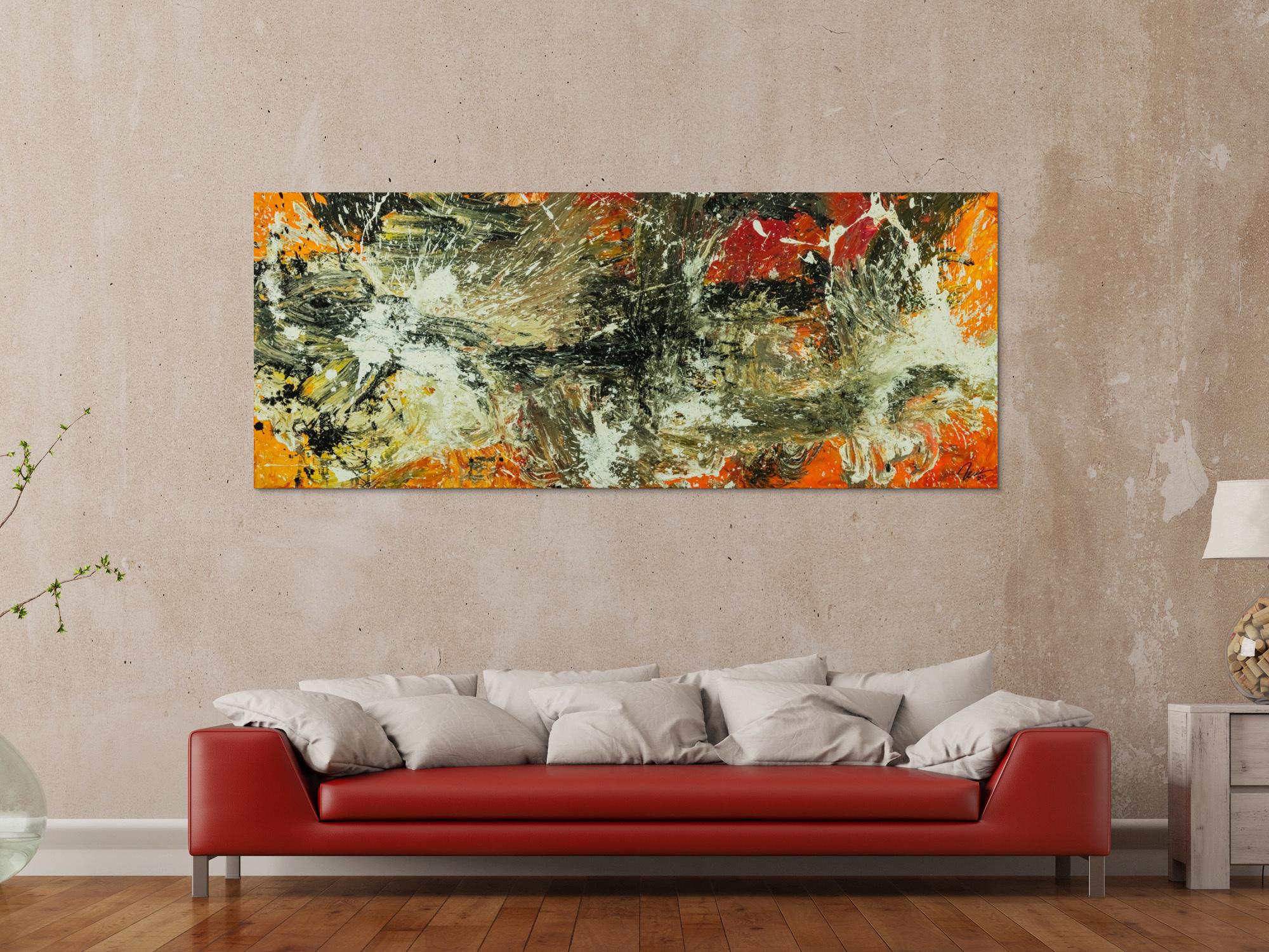 Original Gemälde abstrakt 80x200cm Action Painting Modern Art auf Leinwand Mischtechnik beige braun schwarz Unikat