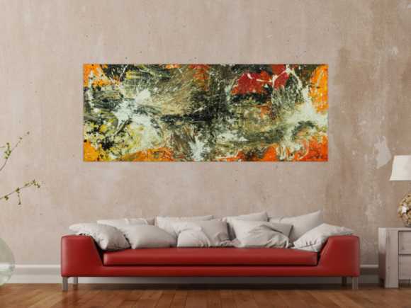 Original Gemälde abstrakt 80x200cm Action Painting Modern Art auf Leinwand Mischtechnik beige braun schwarz Unikat