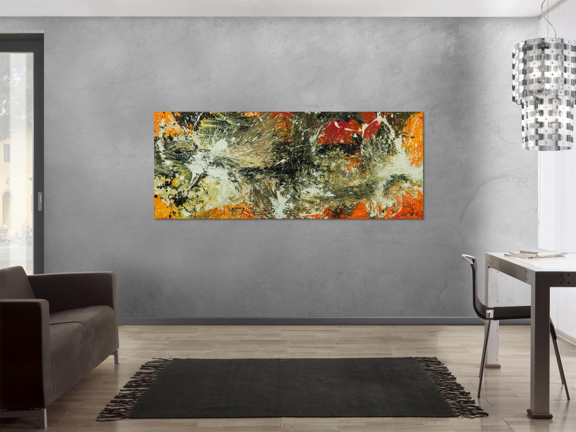 Original Gemälde abstrakt 80x200cm Action Painting Modern Art auf Leinwand Mischtechnik beige braun schwarz Unikat