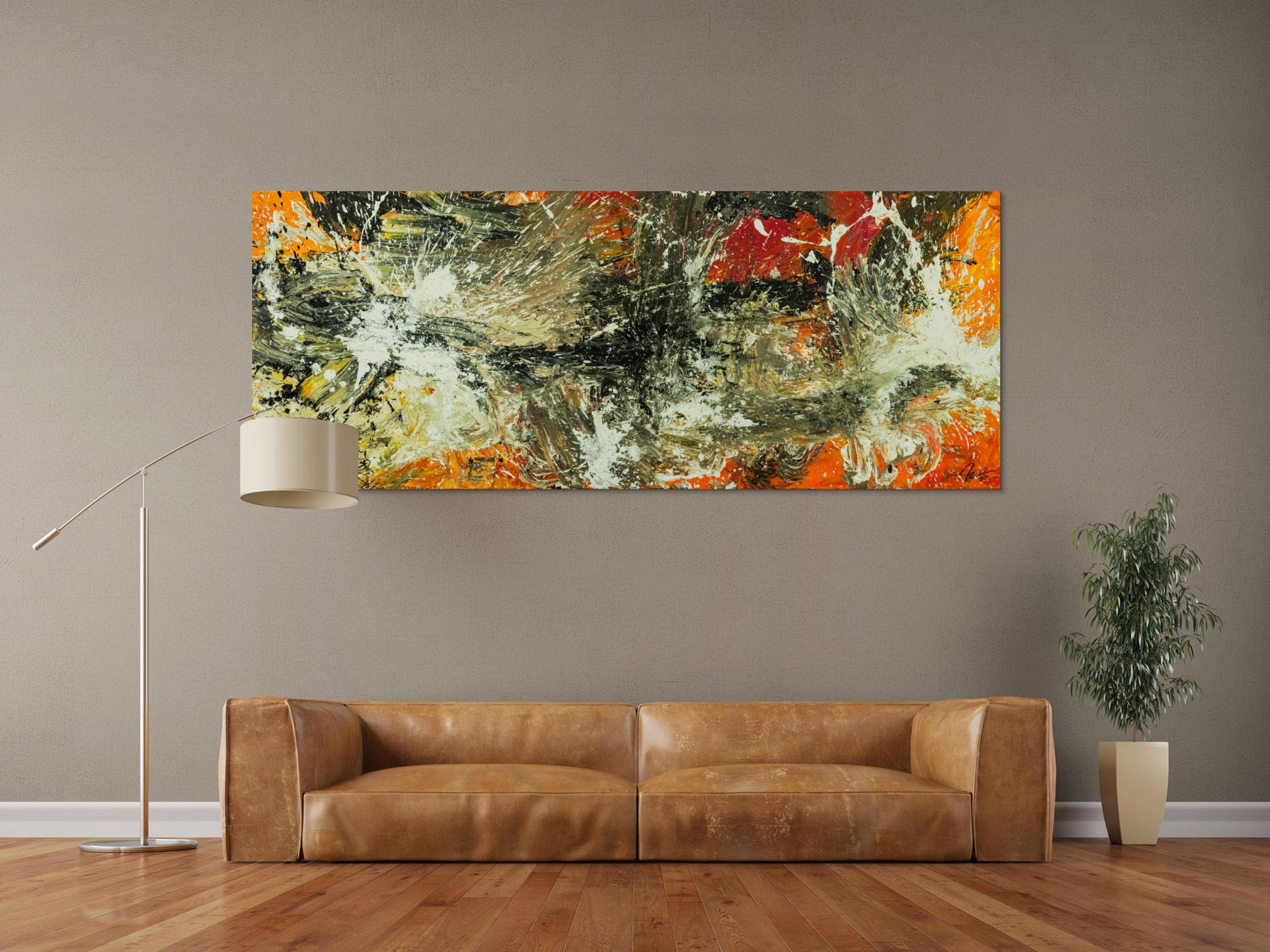 Original Gemälde abstrakt 80x200cm Action Painting Modern Art auf Leinwand Mischtechnik beige braun schwarz Unikat