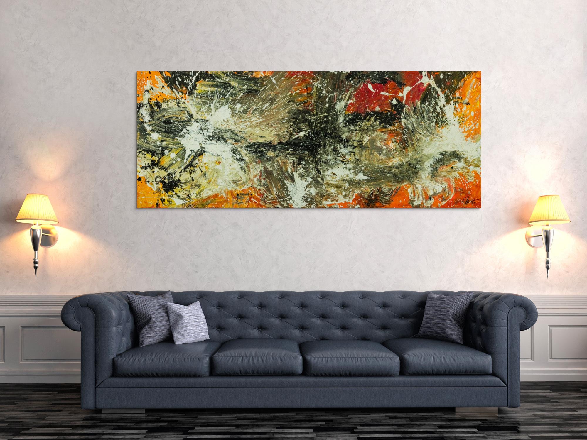 Original Gemälde abstrakt 80x200cm Action Painting Modern Art auf Leinwand Mischtechnik beige braun schwarz Unikat