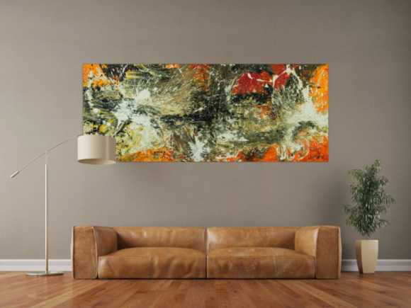 Original Gemälde abstrakt 80x200cm Action Painting Modern Art auf Leinwand Mischtechnik beige braun schwarz Unikat