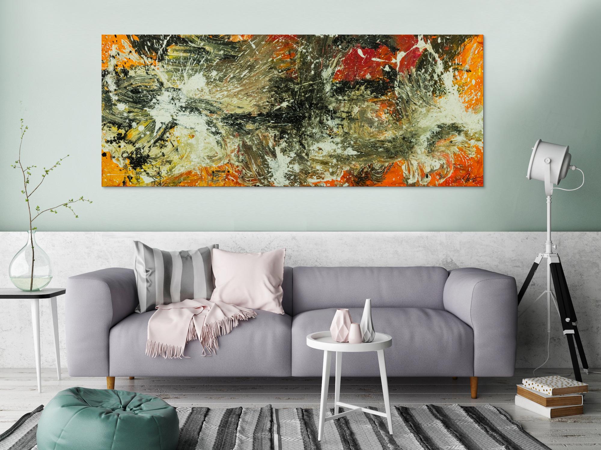 Original Gemälde abstrakt 80x200cm Action Painting Modern Art auf Leinwand Mischtechnik beige braun schwarz Unikat