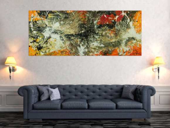 Original Gemälde abstrakt 80x200cm Action Painting Modern Art auf Leinwand Mischtechnik beige braun schwarz Unikat