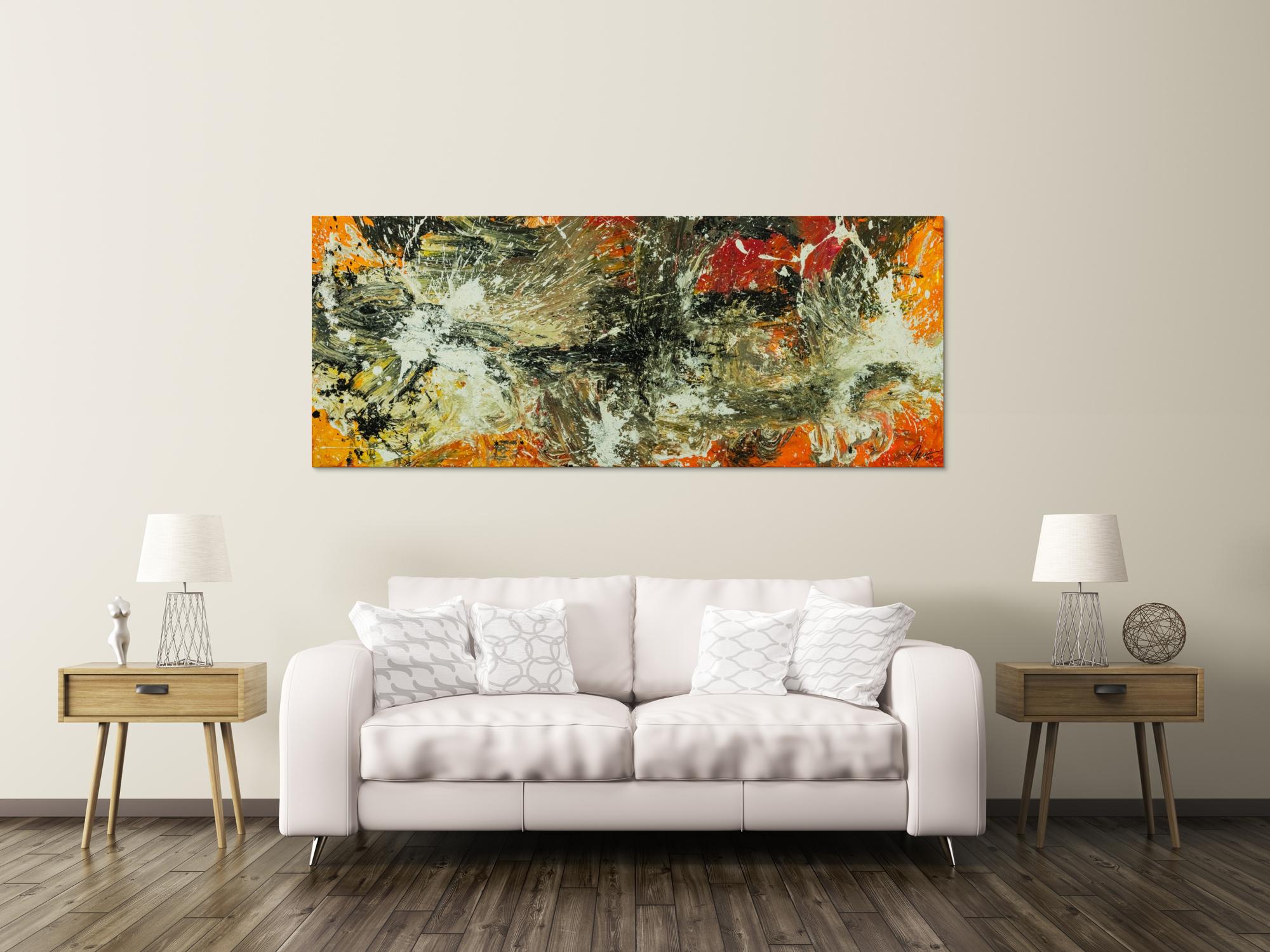 Original Gemälde abstrakt 80x200cm Action Painting Modern Art auf Leinwand Mischtechnik beige braun schwarz Unikat