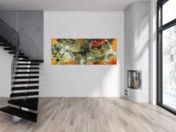 Original Gemälde abstrakt 80x200cm Action Painting Modern Art auf Leinwand Mischtechnik beige braun schwarz Unikat