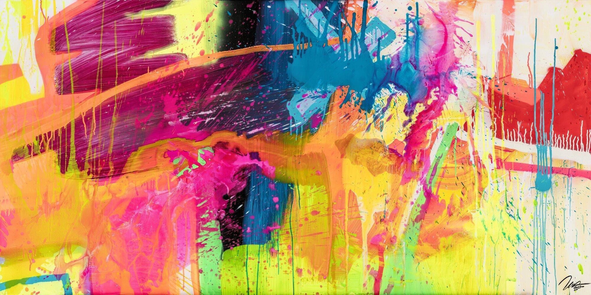 Gemälde Original abstrakt 100x200cm Action Painting expressionistisch handgemalt Splash Art rot orange gelb hochwertig