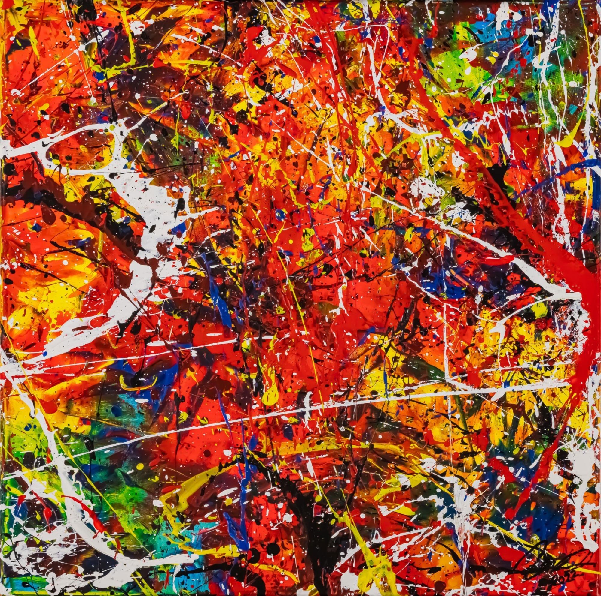 Original Gemälde abstrakt 60x60cm Action Painting zeitgenössisch auf Leinwand Splash Art rot orange bunt Einzelstück