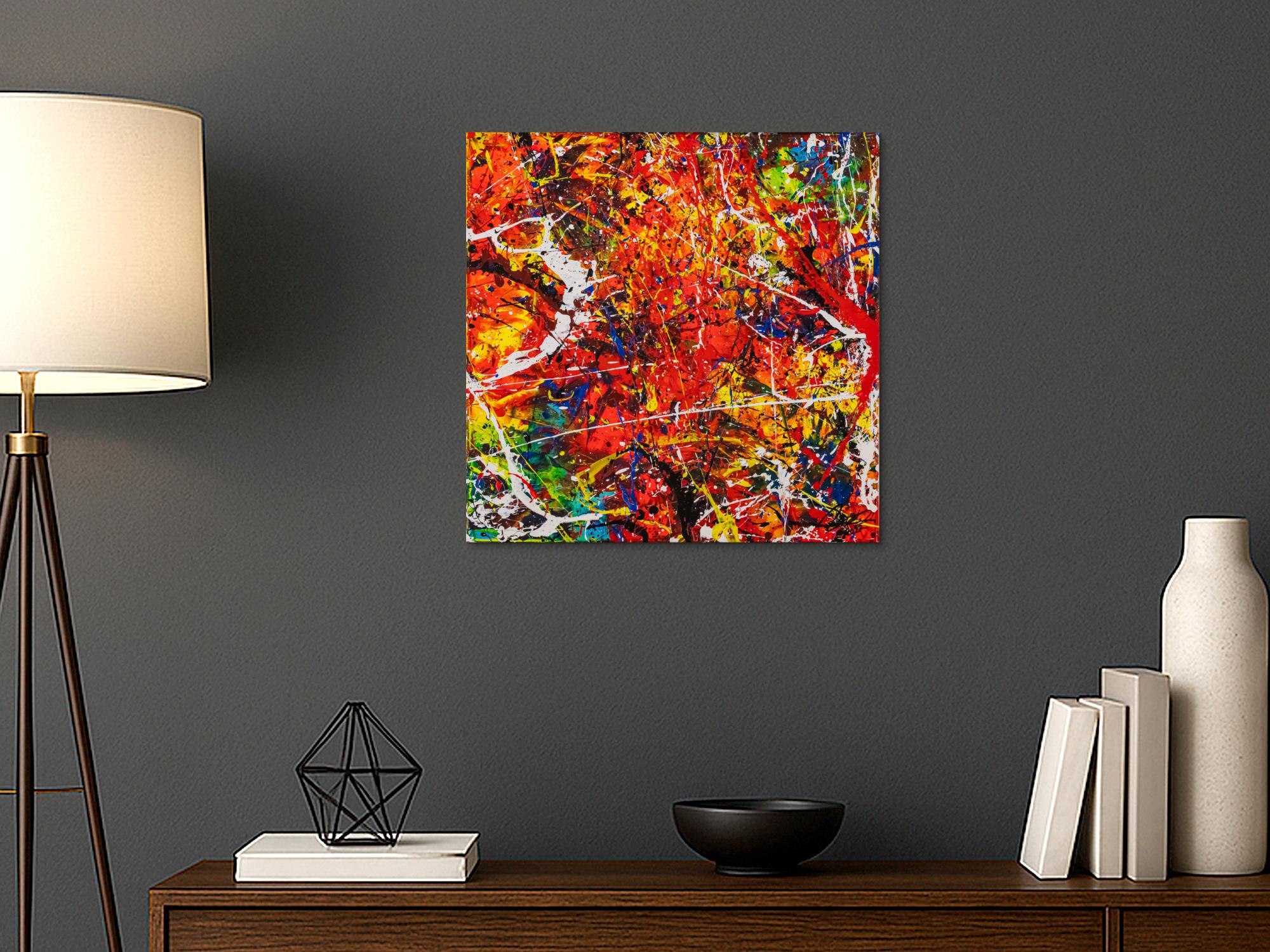 Original Gemälde abstrakt 60x60cm Action Painting zeitgenössisch auf Leinwand Splash Art rot orange bunt Einzelstück