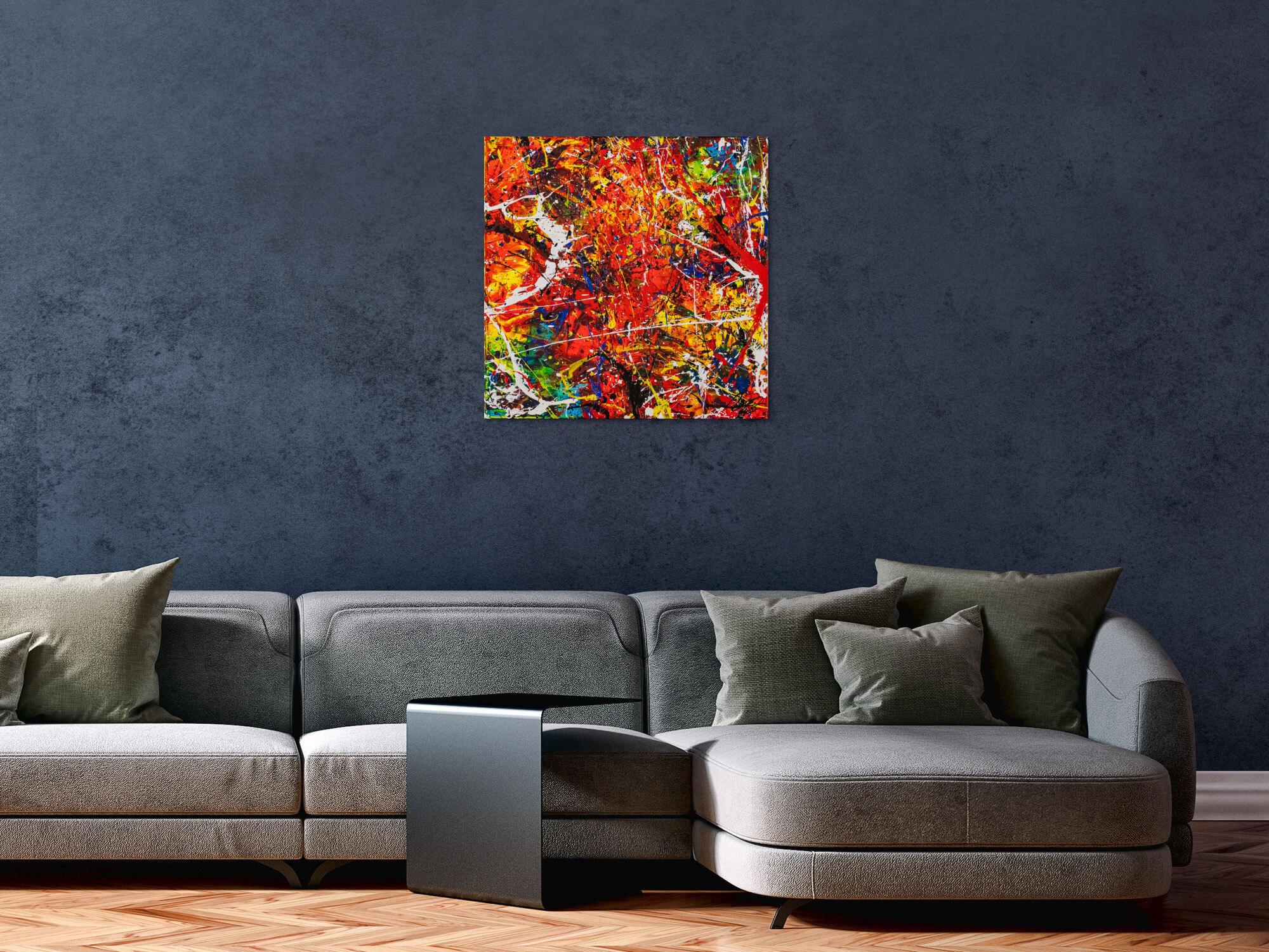 Original Gemälde abstrakt 60x60cm Action Painting zeitgenössisch auf Leinwand Splash Art rot orange bunt Einzelstück