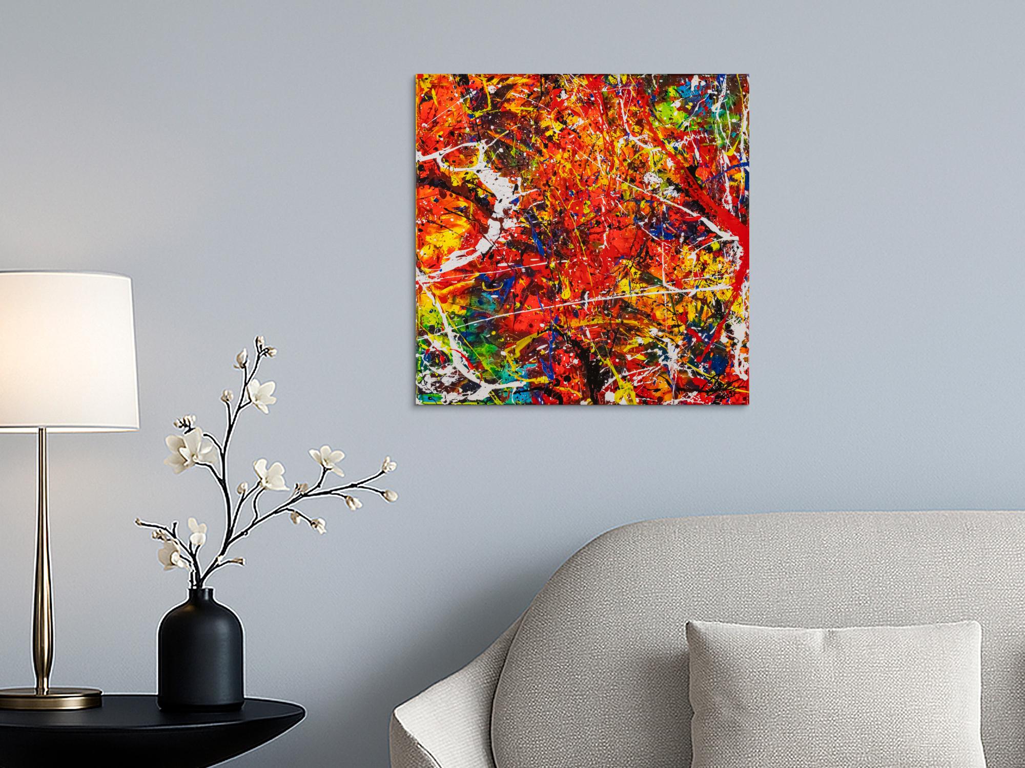 Original Gemälde abstrakt 60x60cm Action Painting zeitgenössisch auf Leinwand Splash Art rot orange bunt Einzelstück