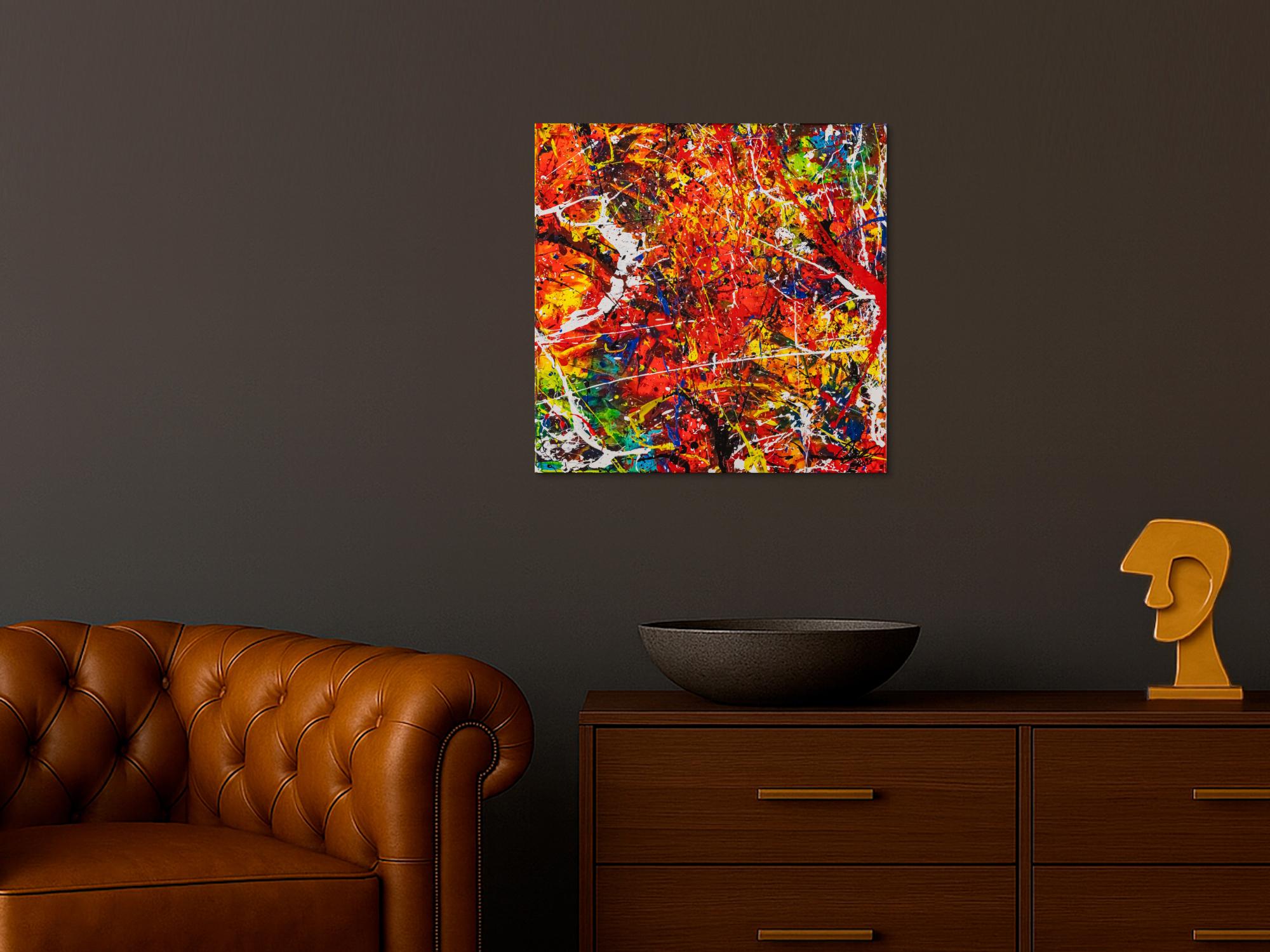 Original Gemälde abstrakt 60x60cm Action Painting zeitgenössisch auf Leinwand Splash Art rot orange bunt Einzelstück