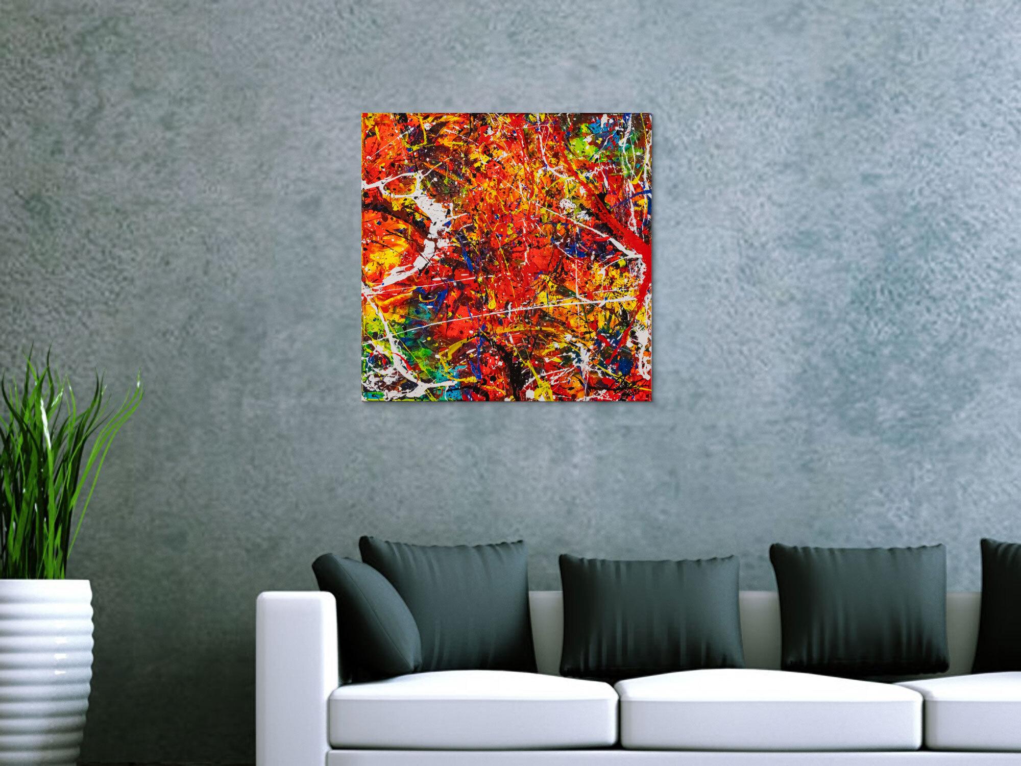 Original Gemälde abstrakt 60x60cm Action Painting zeitgenössisch auf Leinwand Splash Art rot orange bunt Einzelstück