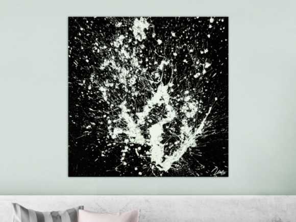 Gemälde Original abstrakt 100x100cm Minimalistisch Moderne Kunst auf Leinwand Action Painting schwarz weiß hochwertig
