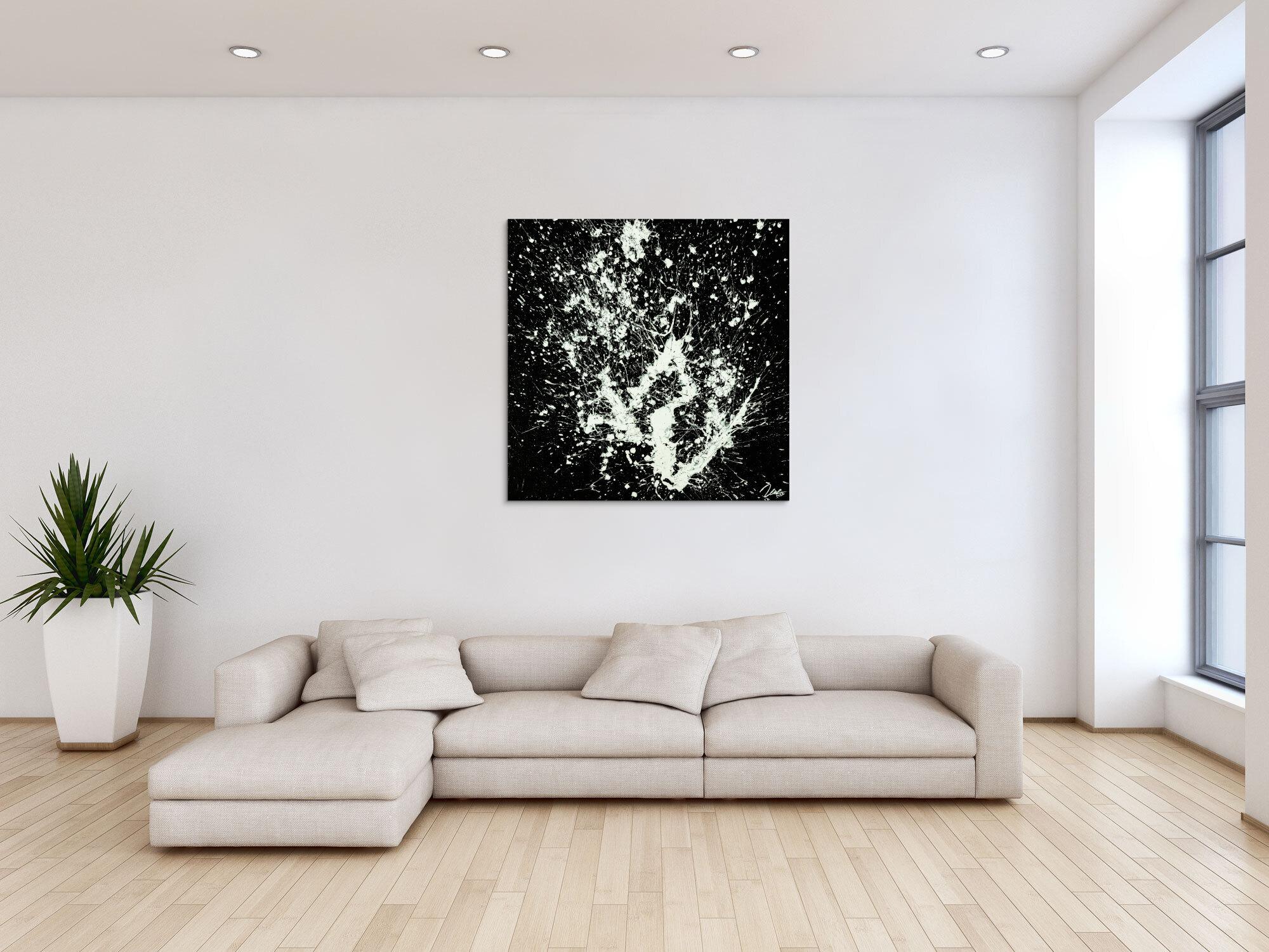 Gemälde Original abstrakt 100x100cm Minimalistisch Moderne Kunst auf Leinwand Action Painting schwarz weiß hochwertig